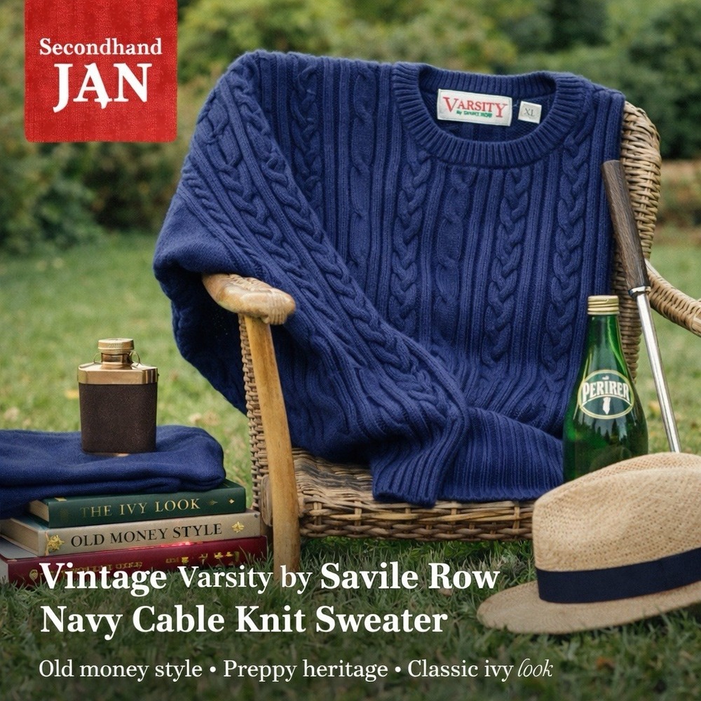 Vintage Varsity Savile  Row  Men's Navy XL Cable Knit Sweater 100%‎ Cotton